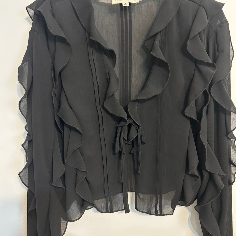 Long sleeve black sheer ruffle single tie top. Business, Fall, Winter Medium